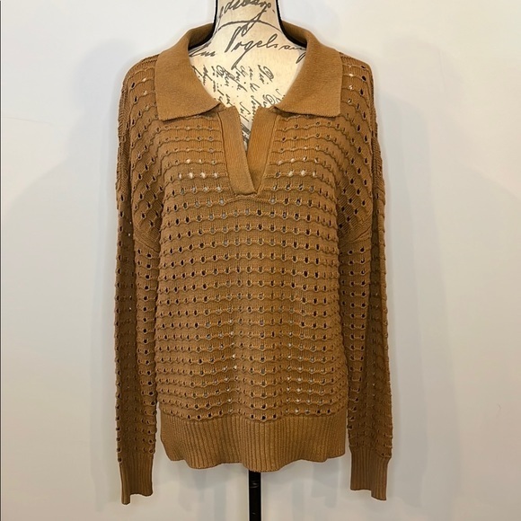 Joie open knit collared pullover sweater in camel brown L - Picture 1 of 8